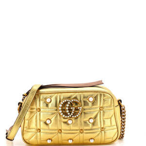 Gucci Small Pearly GG Marmont Shoulder Bag Embellished Matelasse Leather